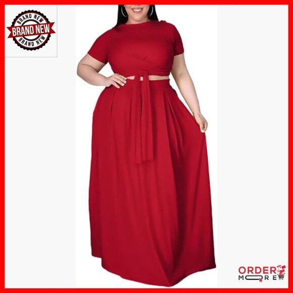 Dresses & Skirts - Plus Size 2 Piece Dress Set Polyester Crop Top Maxi Skirt Boho